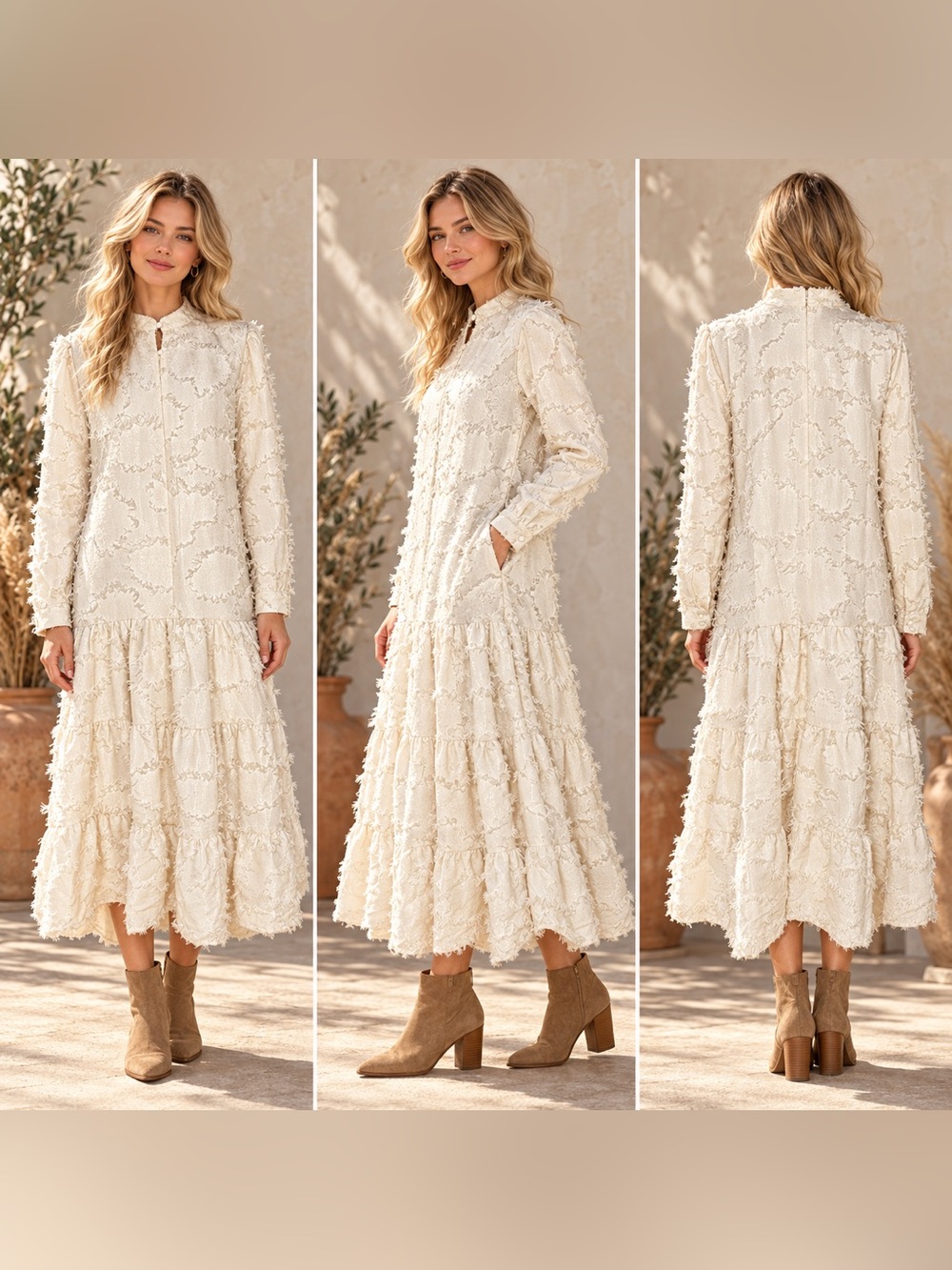 Dainty Jewells Ivory/Cream Fringe-Textured Tiered Dress with Pockets, Size Large